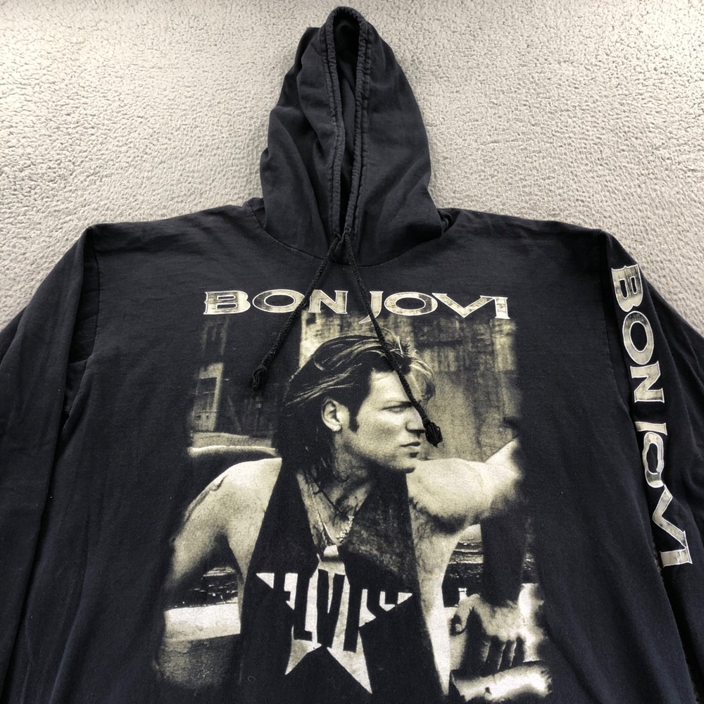 Vintage Bon Jovi Hoodie Mens Extra Large Black Graphic 1993 Brockum World Tour